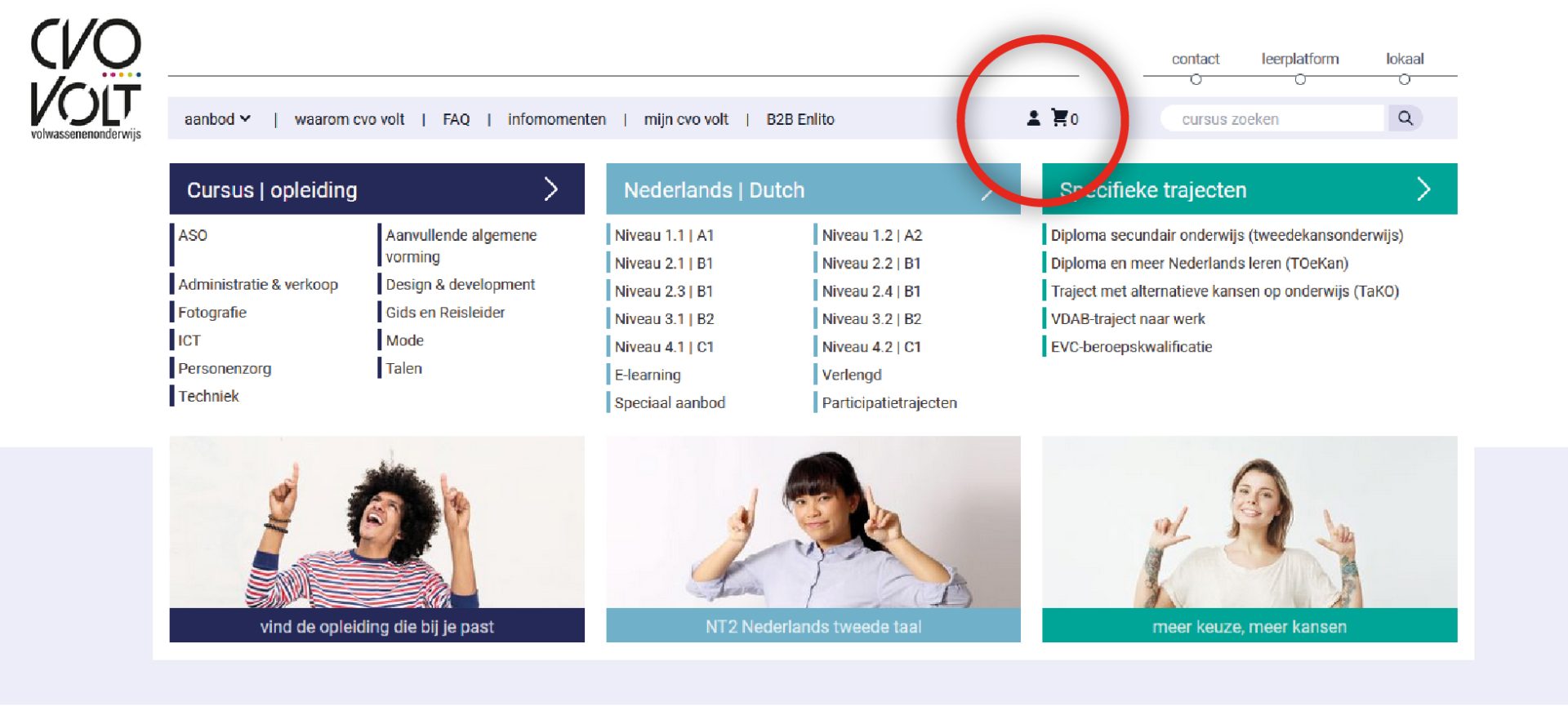 Voorbeeld van het winkelmandje op de website van CVO Volt met de berekening van het inschrijvingsgeld